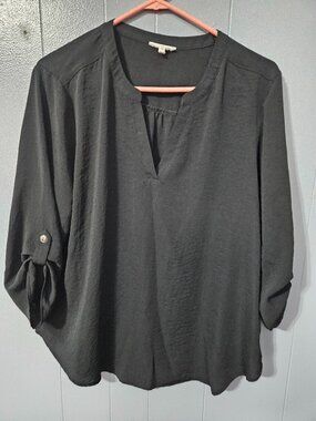 maurices Black Blouse Split Neckline Roll-Tab Sleeves Size L